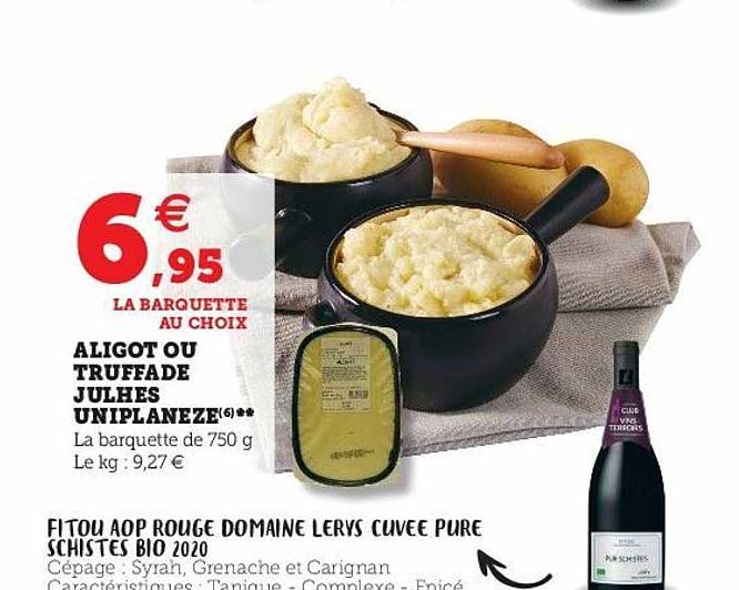 aligot ou truffade julhes uniplaneze, fitou aop rouge domaine lerys cuvée pure schistes bio 2020