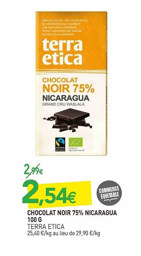 chocolat noir 75% nicaragua 100 g terra etica