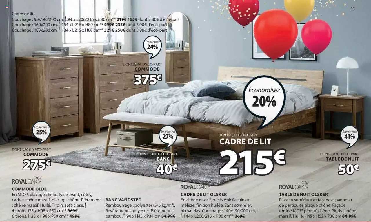 commode olde royal oak, banc vandsted, cadre de lit olsker, table de nuit olsker