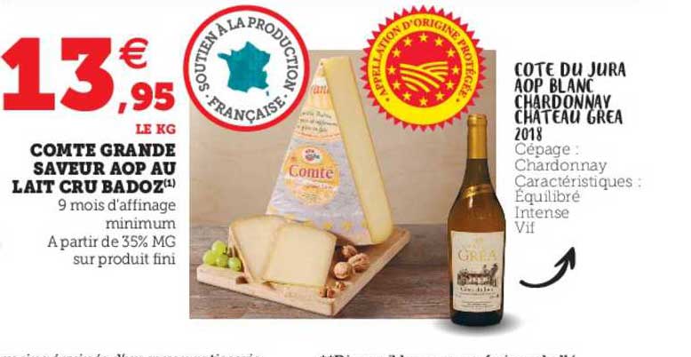 comte grande saveur aop au lait cru badoz, côte du jura aop blanc chardonnay château grea 2018