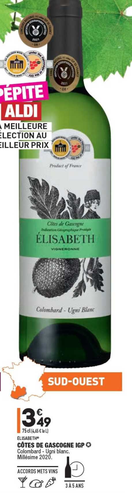 élisabeth côtes de gascogne igp colombard - ugni blanc millésime 2020.