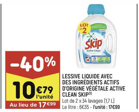 lessive liquide avec des ingrédients actifs d'origine végétale active clean skip