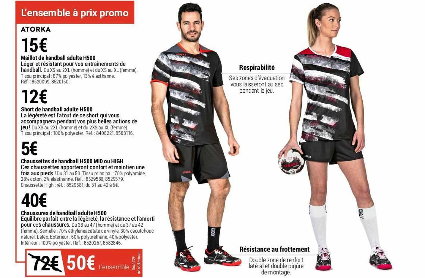 maillot de handball adulte h500, short de handball adulte h500, chaussettes de handball h500 mid ou high, chaussures de handball adulte h500