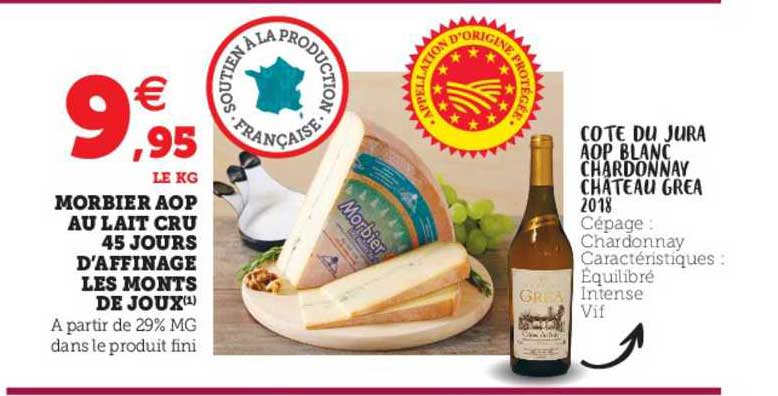 morbier aop au lait cru 45 jours d'affinage les monts de joux, côte du jura aop blanc chardonnay château grea 2018