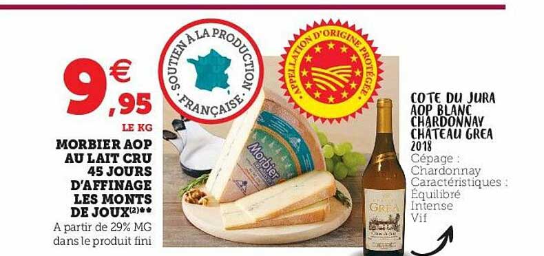 morbier aop au lait cru 45 jours d'affinage les monts de joux, côte du jura aop blanc chardonnay château grea 2018