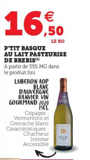 p'tit basque au lait pasteurisé de brebis, luberon aop blanc d'auvergne ranvier vin gourmand 2020