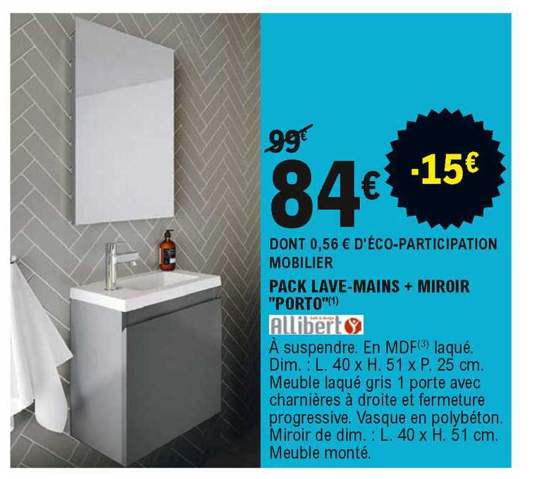 pack lave-mains + miroir "porto" allibert