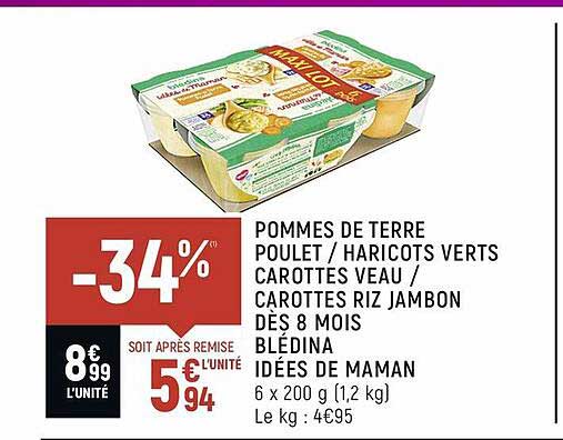 pommes de terre poulet - haricots verts carottes veau - carottes riz jambon dès 8 mois blédina idée de maman