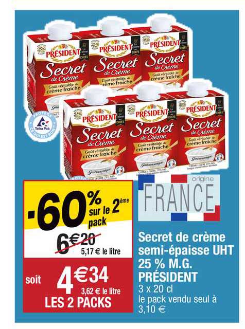 secret de crème semi-épaisse uht 25% m.g. président