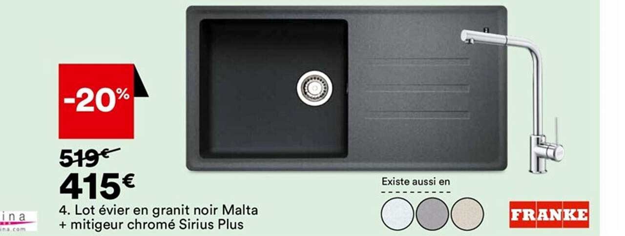 lot évier en granit noir malta + mitigeur chromé sirius plus franke