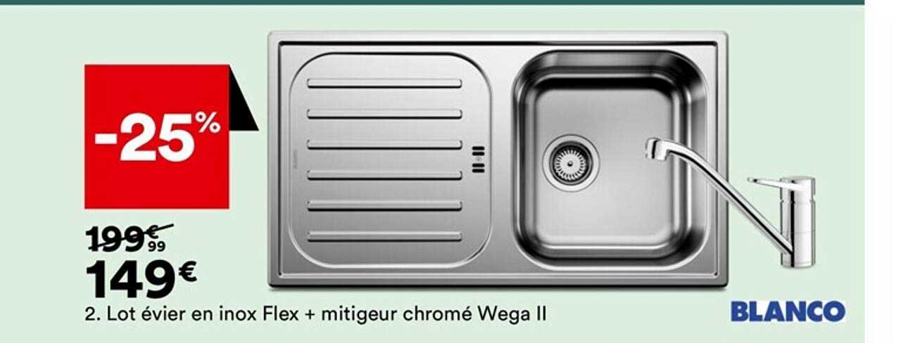 lot évier en inox flex + mitigeur chromé wega II blanco