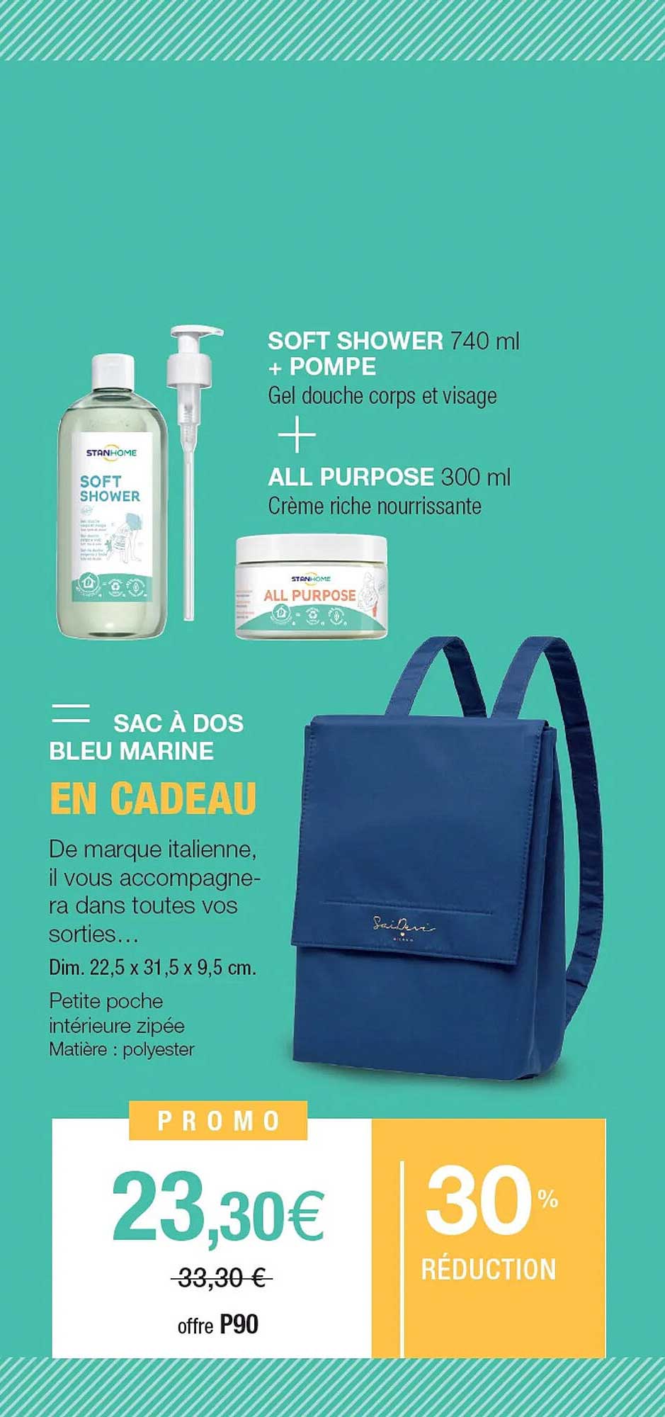 soft shower + pompe + all purpose stanhome, sac à dos bleu marine