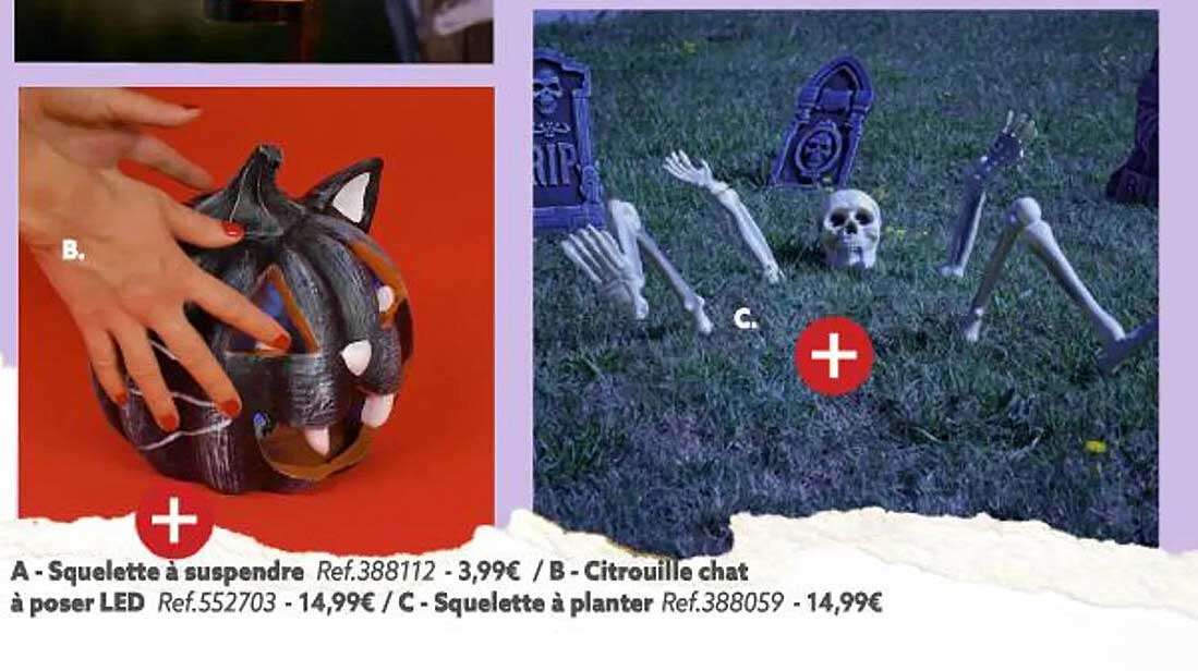 squelette à suspendre, citrouille chat à poser led, squelette à planter