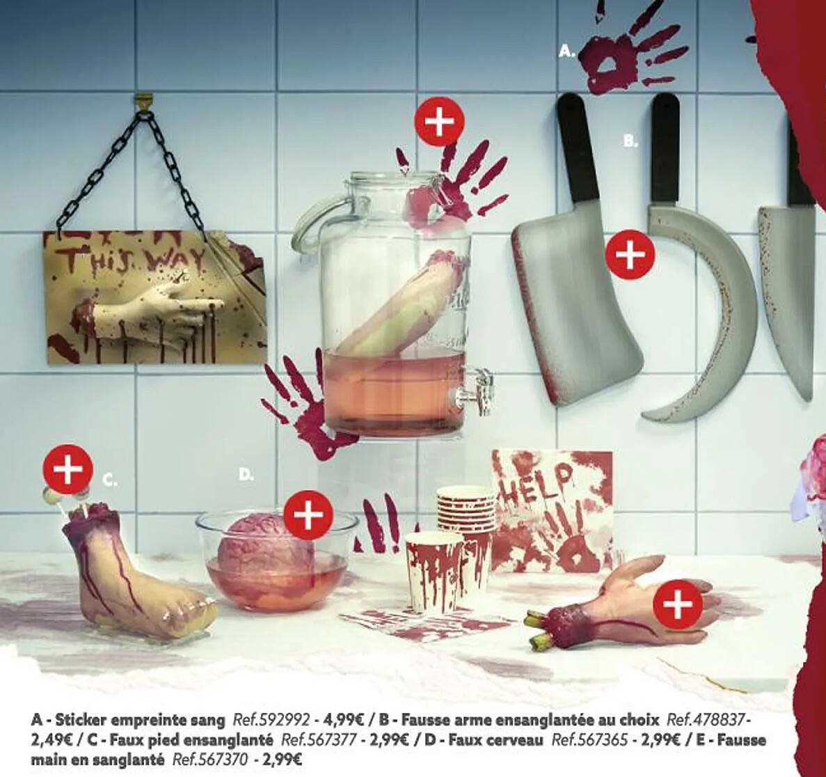 sticker empreinte sang, fausse arme ensanglantée au choix, faux pied ensanglanté, faux cerveau, fausse main en sanglanté