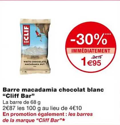Barre Macadamia Chocolat Blanc "cliff Bar"