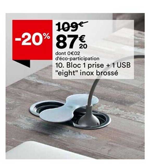 bloc 1 prise + 1 usb "eight" inox brossé