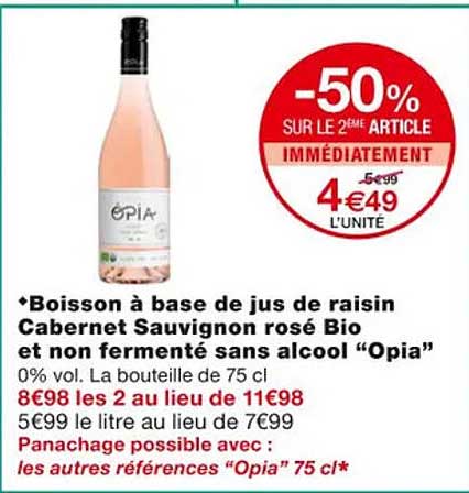 boisson à base de jus de raisin cabernet sauvignon rosé bio et non fermenté sans alcool "opia"