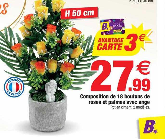 composition de 18 boutons de roses et palmes avec ange