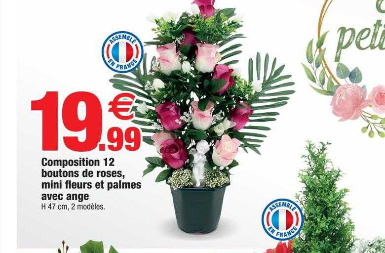 compositions 12 boutons de roses, mini fleurs et palmes avec ange