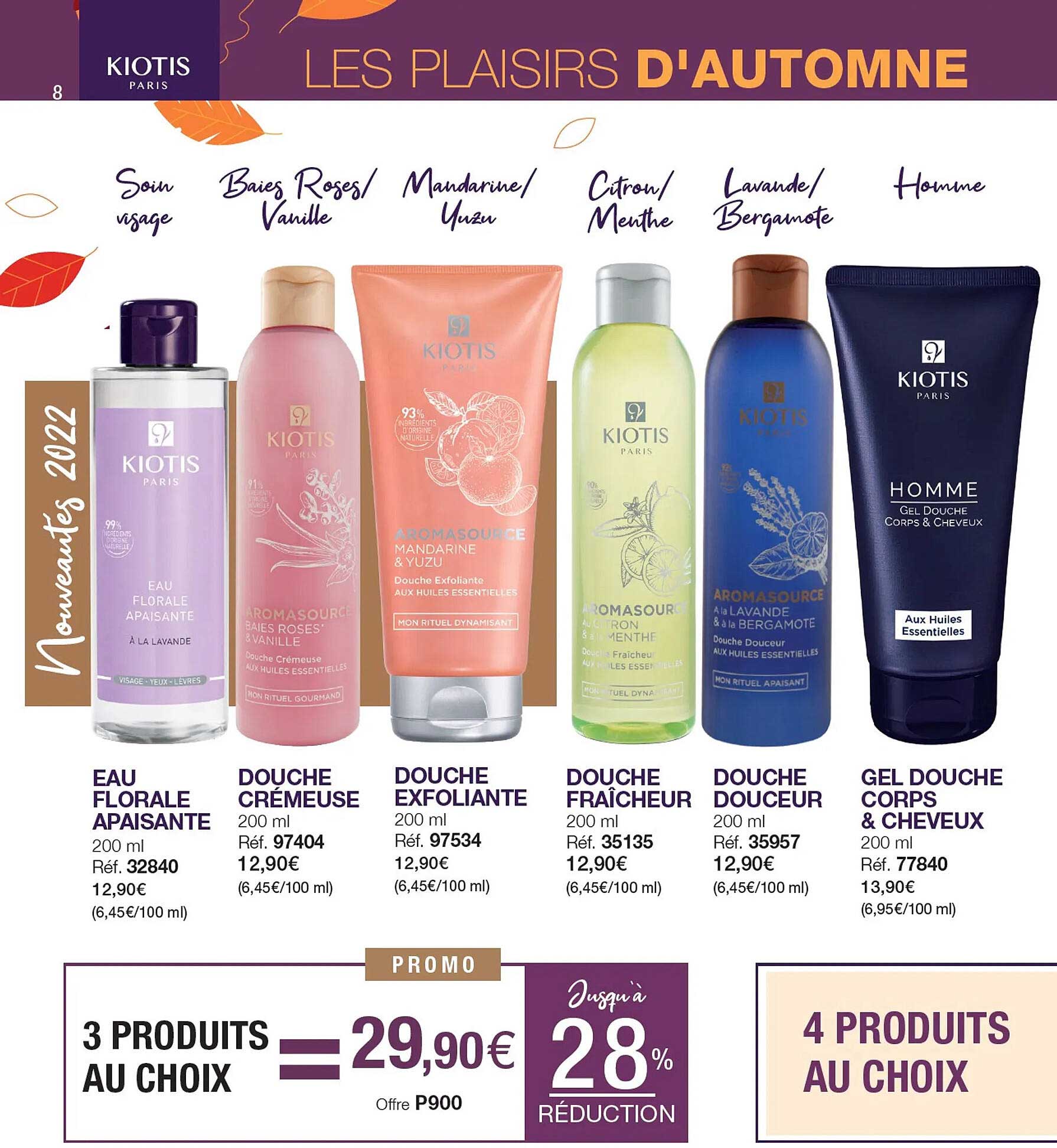 eau florale apaisante, douche crémeuse, douche exfoliante, douche fraîcheur, douche douceur, gel douche corps & cheveux kiotis