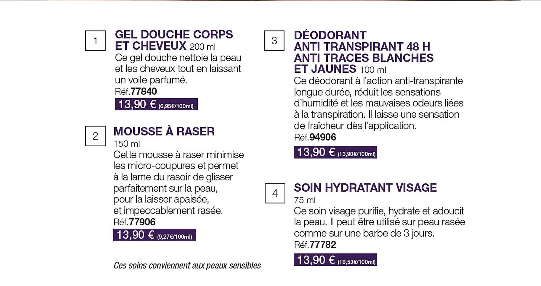 gel douche corps et cheveux, mousse à raser, déodorant anti transpirant 48h anti traces blanches et jaunes, soin hydratant visage