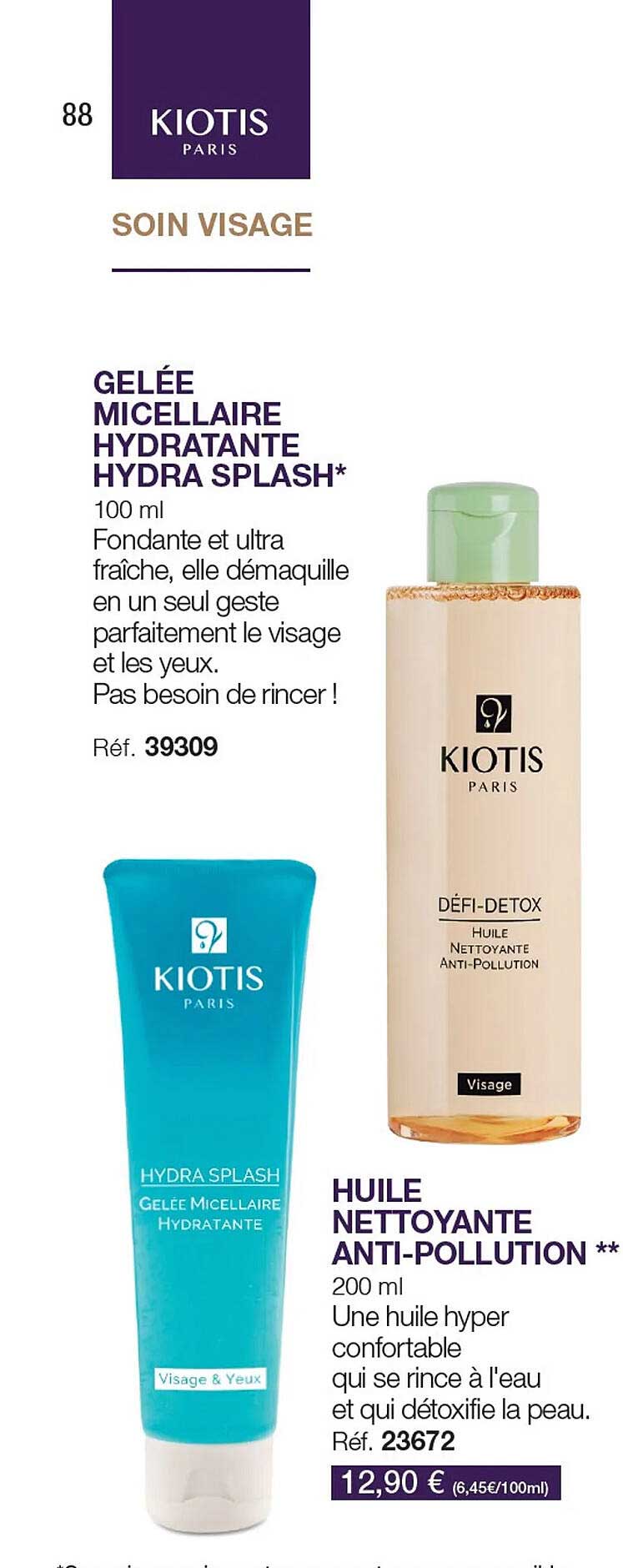 gelée micellaire hydratante hydra splash kiotis, huile nettoyante anti-pollution kiotis