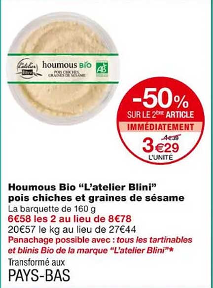 houmous bio "l'atelier blini" pois chiches et graines de sésame