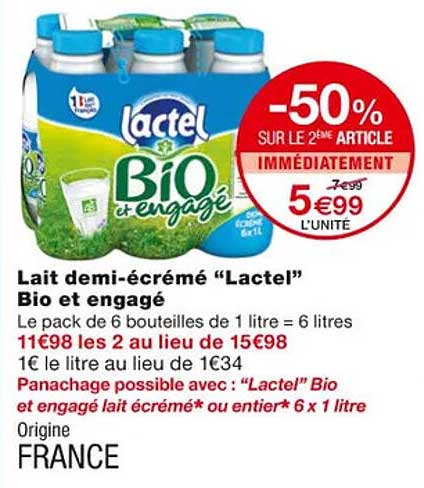 lait demi-écrémé "lactel" bio et engagé