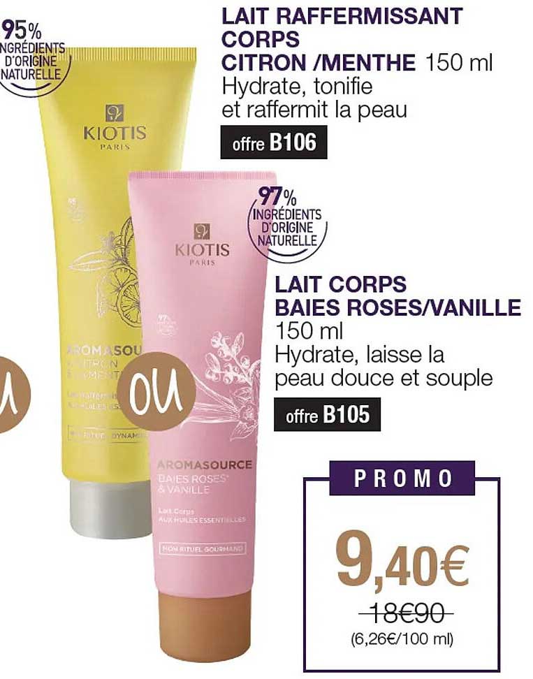 lait raffermissant corps citron-menthe, lait corps baies roses-vanille kiotis