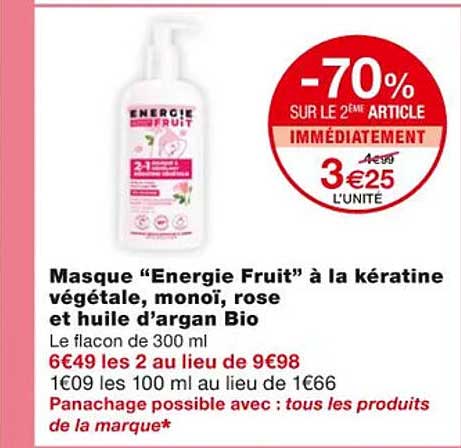 masque "energie fruit" à la kératine végétale, monoï, rose et huile d'argan bio