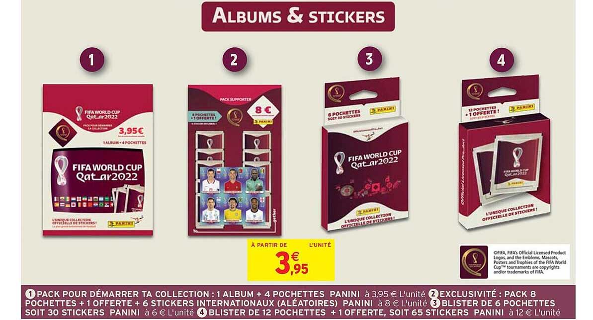 pack pour démarrer ta collection : 1 album + 4 pochettes panini, exclusivité : pack 8 pochettes + 1 offerte + 6 stickers internationaux (aléatoires) panini