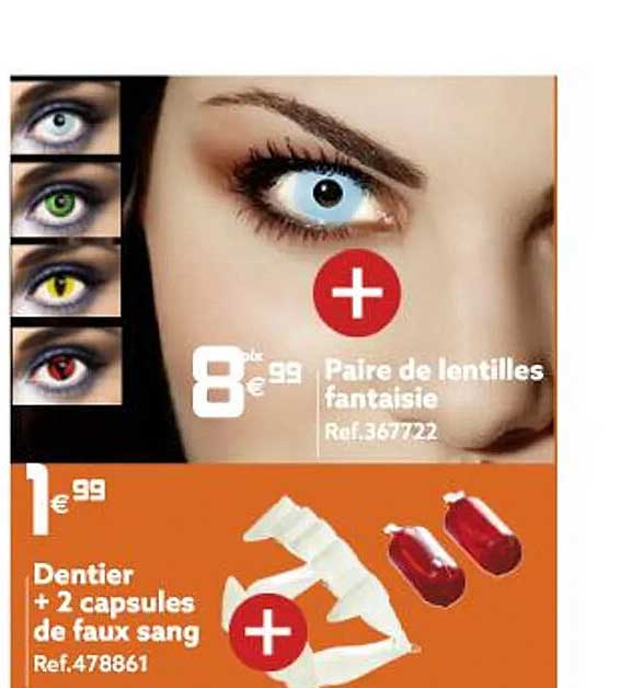 paire de lentilles fantaisie, dentier + 2 capsules de faux sang