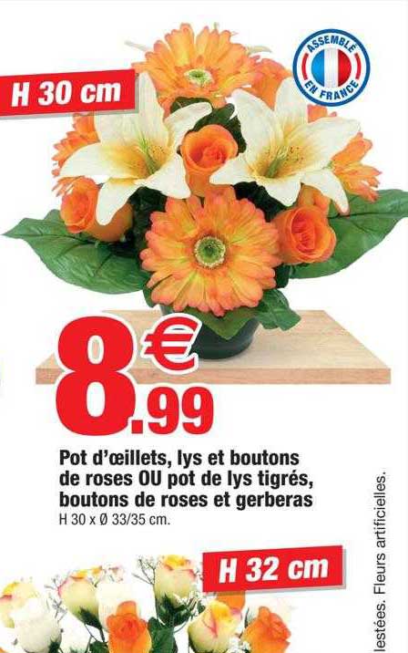 pot d'œillets, lys et boutons de roses ou pot de lys tigrés, boutons de roses et gerberas