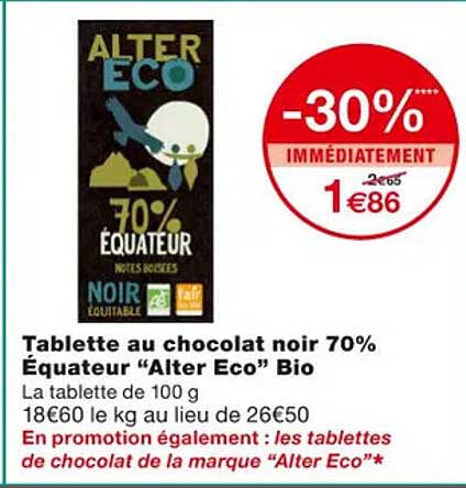 tablette au chocolat noir 70% équateur "alter eco" bio