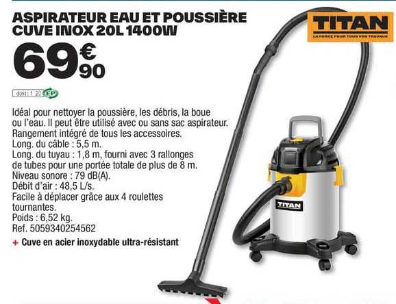 Aspirateur Eau Et Poussière Cuve Inox 20 L 1400 W Titan
