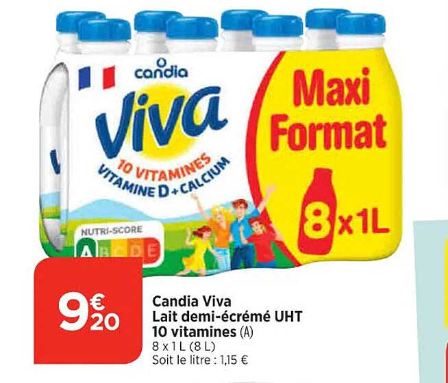 candia viva lait demi-écrémé uht 10 vitamines