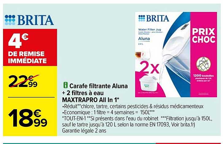 carafe filtrante aluna + 2 filtres à eau maxtrapro all in 1 brita