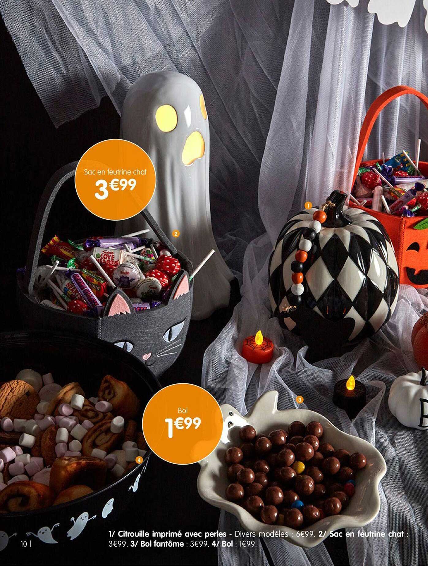 citrouille imprimé avec perles, sac en feutrine chat, bol fantôme