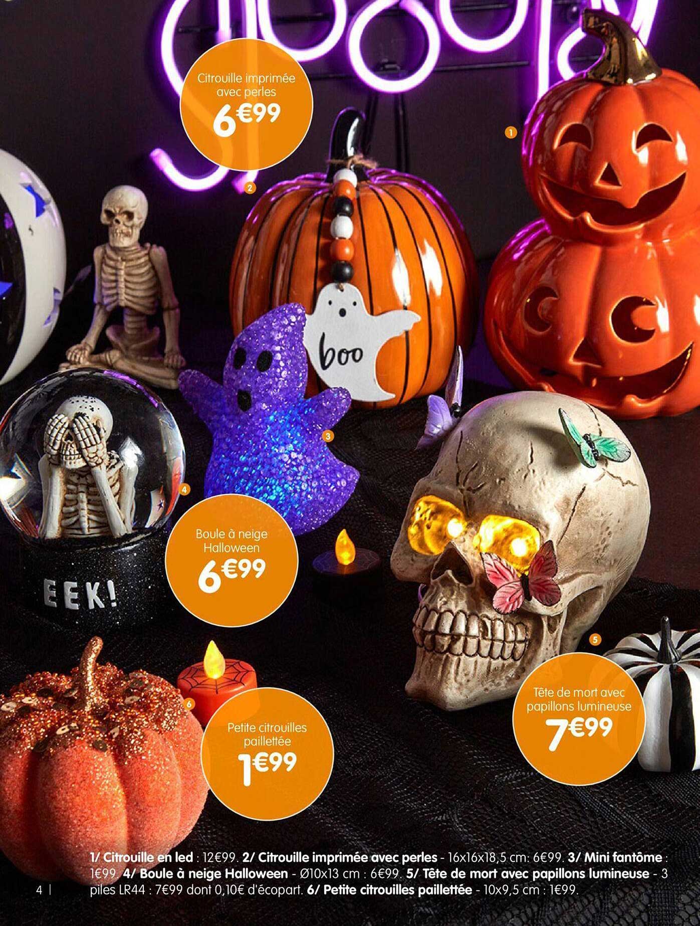 citroulle en led, citrouille imprimé avec perles, mini fantôme, boule à neige halloween, tête de mort avec papillon lumineuse, petite citrouilles pailletée