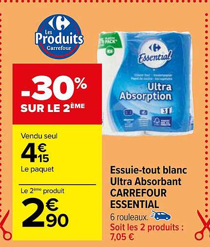 essuie-tout blanc ultra absorbant carrefour essential