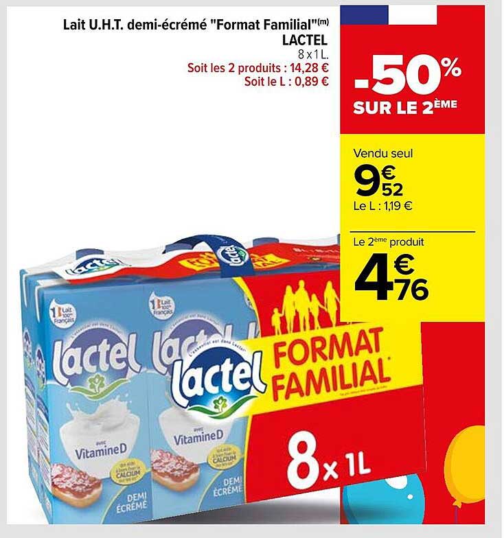 lait u.h.t. demi-écrémé "format familial" lactel