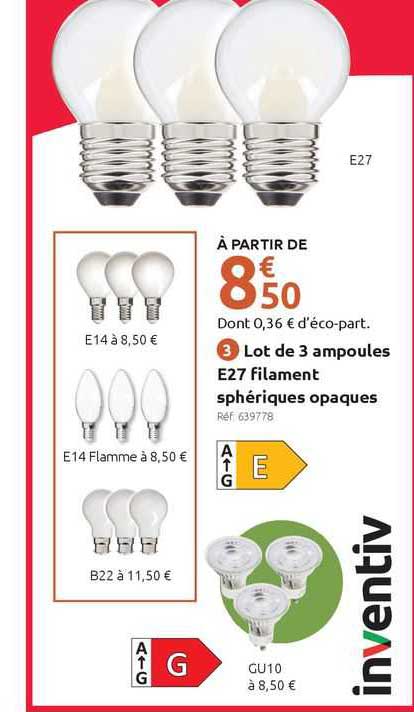 lot de 3 ampoules e27 filament sphériques opaques inventiv