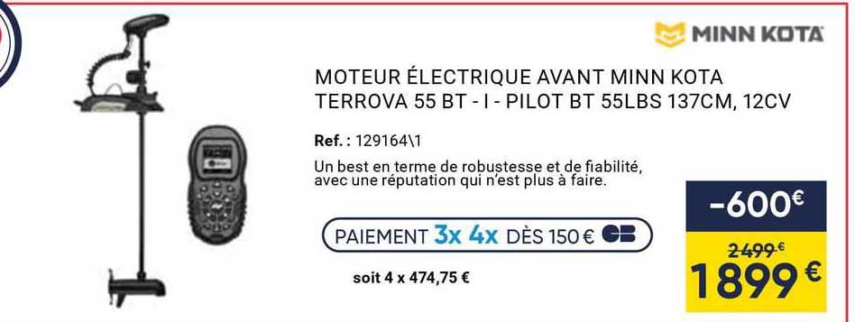 moteur électrique avant minn kota terrova 55 bt - i - pilot bt 55 lbs 137 cm, 12 cv minn kota