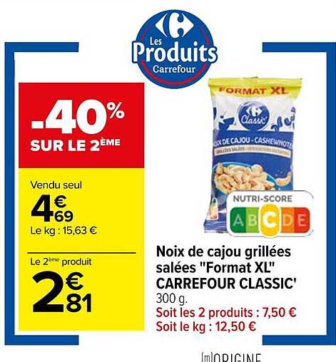 noix de cajou grillées salées "format xl" carrefour classic'