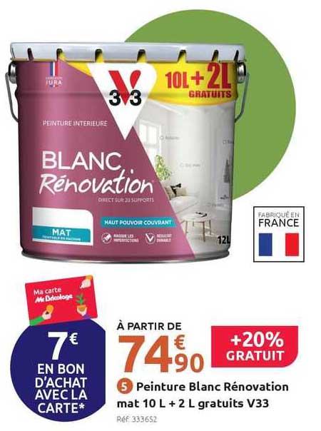 peinture blanc rénovation mat 10 l + 2 l gratuits v33
