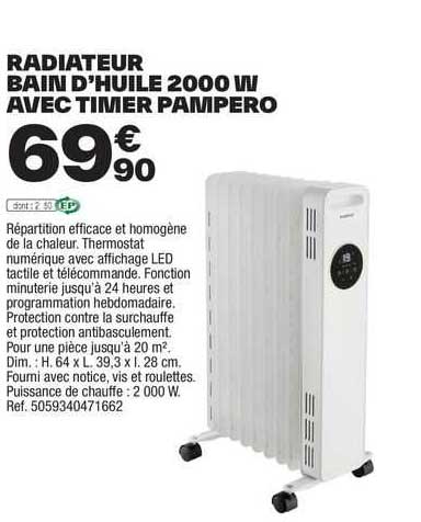 radiateur bain d'huile 2000 w avec timer pampero
