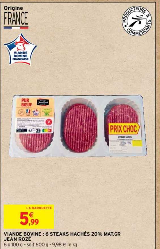 viande bovine : 6 steaks hachés 20% mat. gr. jean rozé