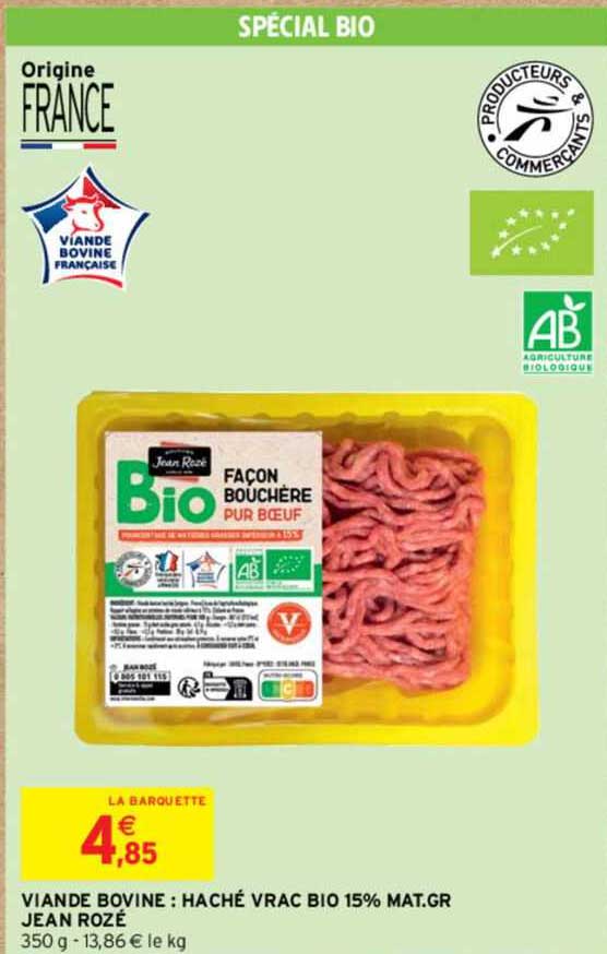 viande bovine : haché vrac bio 15% mat. gr. jean rozé