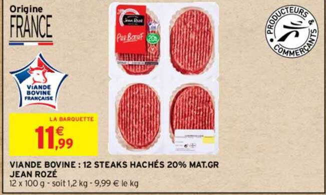viande bovine: 12 steaks hachés 20% mat. gr. jean rozé