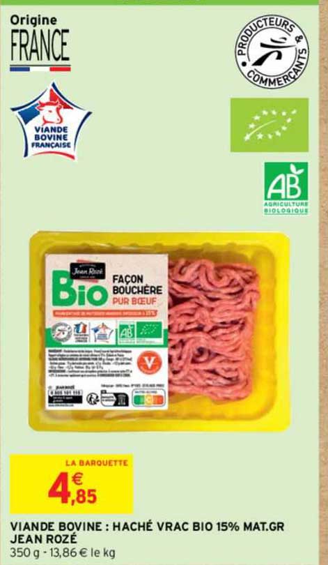 viande bovine: haché vrac bio 15% mat. gr. jean rozé